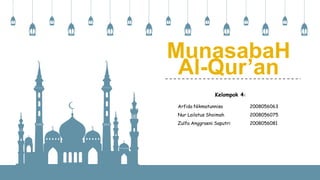 MunasabaH
Al-Qur’an
Kelompok 4:
Arfida Nikmatunnisa 2008056063
Nur Lailatus Shoimah 2008056075
Zulfa Anggraeni Saputri 2008056081
 