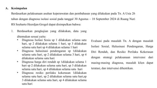 A. Kesimpulan
Berdasarkan pelaksanaan asuhan keperawatan dan pembahasan yang dilakukan pada Tn. A Usia 26
tahun dengan diagnosa isolasi sosial pada tanggal 30 Agustus – 18 September 2024 di Ruang Nuri
RS Soeharto Heerdjan Grogol dapat disimpulkan bahwa:
1. Berdasarkan pengkajian yang dilakukan, data yang
ditemukan sesuai yaitu:
• Diagnosa Isolasi Sosia sp 1 dilakukan selama satu
hari, sp 2 dilakukan selama 1 hari, sp 3 dilakukan
selama satu hari sp 4 dilakukan selama 1 hari
• Diagnosa halusinasi pendengaran sp 1dilakukan
selama satu hari, sp 2 dilakukan selama 3 hari, sp 4
dilakukan selama satu hari
• Diagnosa harga diri rendah sp 1dilakukan selama 1
hari sp 2 dilakukan selama satu hari, sp 3 dilakukan
selama satu hari, sp 4 dilakukan selama satu hari
• Diagnosa resiko perilaku kekerasan 1dilakukan
selama satu hari, sp 2 dilakukan selama satu hari,sp
3 dilakukan selama satu hari, sp 4 dilakukan selama
satu hari
Evaluasi pada masalah Tn. A dengan masalah
Isolasi Sosial, Halusinasi Pendengaran, Harga
Diri Rendah, dan Resiko Perilaku Kekerasan
dengan strategi pelaksanaan intervensi dari
masing-masing diagnosa, masalah klien dapat
teratasi, dan intervensi dihentikan.
 