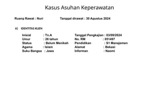 Kasus Asuhan Keperawatan
Ruang Rawat : Nuri Tanggal dirawat : 30 Agustus 2024
A) IDENTITAS KLIEN
Inisial : Tn.A Tanggal Pengkajian : 03/09/2024
Umur : 26 tahun No. RM : 051497
Status : Belum Menikah Pendidikan : S1 Manajemen
Agama : Islam Alamat : Bekasi
Suku Bangsa : Jawa Informan : Naomi
 