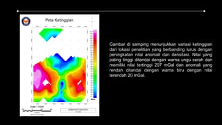 Gambar di samping menunjukkan variasi ketinggian
dari lokasi penelitian yang berbanding lurus dengan
peningkatan nilai anomali dan densitasi. Nilai yang
paling tinggi ditandai dengan warna ungu cerah dan
memiliki nilai tertinggi 207 mGal dan anomali yang
rendah ditandai dengan warna biru dengan nilai
terendah 20 mGal.
 