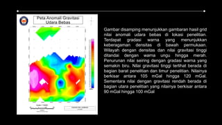 Gambar disamping menunjukkan gambaran hasil grid
nilai anomali udara bebas di lokasi penelitian.
Terdapat gradasi warna yang menunjukkan
keberagaman densitas di bawah permukaan.
Wilayah dengan densitas dan nilai gravitasi tinggi
ditandai dengan warna ungu hingga merah.
Penurunan nilai seiring dengan gradasi warna yang
semakin biru. Nilai gravitasi tinggi terlihat berada di
bagian barat penelitian dan timur penelitian. Nilainya
berkisar antara 105 mGal hingga 120 mGal.
Sementara nilai dengan gravitasi rendah berada di
bagian utara penelitian yang nilainya berkisar antara
90 mGal hingga 100 mGal
 