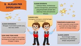 B. ALASAN PKR
DIPERLUKAN
TERBATASNYA RUANG KELAS
Jumlah ruang kelas yang tersedia
jauh lebih kecil dibandingkan
jumlah rom bongan belajar
ALASAN GEOGRAFIS
Sulitnya lokasi, terbatasnya
sarana transportasi, pemukiman
yang berpindah-pindah dan
adannya mata pencaharian
khusus.
GURU YANG TIDAK HADIR
Proses belajar mengajar harus tetap
berlangsung sehinggs memungkinkan
mengajar rangkap
ALASAN DEMOGRAFIS
Mengajar murid dalam jumlah yang
kecil atau sedikit
ALASAN LAINNYA
Murid dengan tingkat
kemampuan dan kemajuan
belajar yang berbeda
KURANG GURU
Kurangnya minat guru untuk bertugas
didaerah terpencil.
 