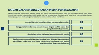 KAIDAH DALAM MENGGUNAKAN MEDIA PEMBELAJARAN
Meskipun sekolah benar dalam memilih media, tapi hal itu tidak menjamin media yang bisa digunakan dengan baik, sebab
memilih dan mampu menggunakan media adalah dua hal yang berbeda. Oleh karena itu, guru harus memperhatikan kaidah
kaidah penggunaan media sebagaimana dia harus memperhatikan kriteria memilihnya.
01
02
03
menjauhkan dari kesulitan dalam menggunakan media.
Menggunakan media yang sesuai dengan tingkat berfikir siswa dan
pengalaman hidup mereka.
Membatasi tujuan pada saat sebelum memilih media
04
Seteleh guru mengetahui kendala-kendala yang dihadapi dalam proses
pendidikan, maka guru akan dapat menentukan media apa yang paling
tepat digunakan dalam pembelajaran
 