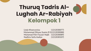Thuruq Tadris Al-
Lughah Ar-Rabiyah
Kelompok 1
Lisda Khoerunnisa (1212030077)
Muhammad Dhiyau Syams El S(1212030088)
Muhamad Fikri Fauzan Najib (1212030089)
Nadhira Syifa Awliya (1212030107)
 