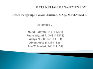 Kelompok 2:
Nurul Hidayah (143111291)
Retno Wiyanti F. (143111315)
Wahyu Nur R (143111134)
Ainun Anisa (143111135)
Tria Wulandari (143111151)
 