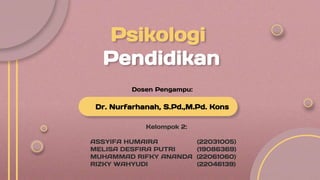Psikologi
Pendidikan
Dr. Nurfarhanah, S.Pd.,M.Pd. Kons
Dosen Pengampu:
Kelompok 2:
ASSYIFA HUMAIRA (22031005)
MELISA DESFIRA PUTRI (19086369)
MUHAMMAD RIFKY ANANDA (22061060)
RIZKY WAHYUDI (22046139)
 