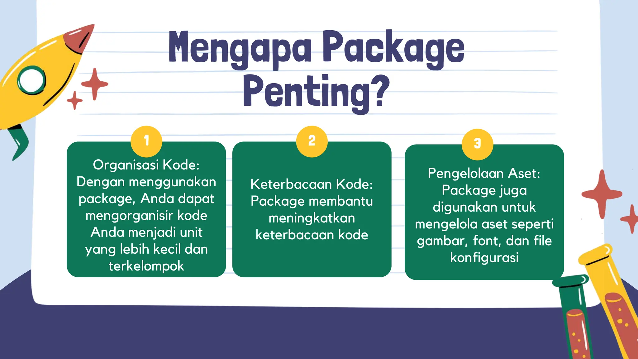 1
Untuk
pengembangan
teknologi
Organisasi Kode:
Dengan menggunakan
package, Anda dapat
mengorganisir kode
Anda menjadi unit
yang lebih kecil dan
terkelompok
Untuk mempermudah
kebutuhan hidup
manusia
Mengapa Package
Penting?
2 3
Keterbacaan Kode:
Package membantu
meningkatkan
keterbacaan kode
Pengelolaan Aset:
Package juga
digunakan untuk
mengelola aset seperti
gambar, font, dan file
konfigurasi
 