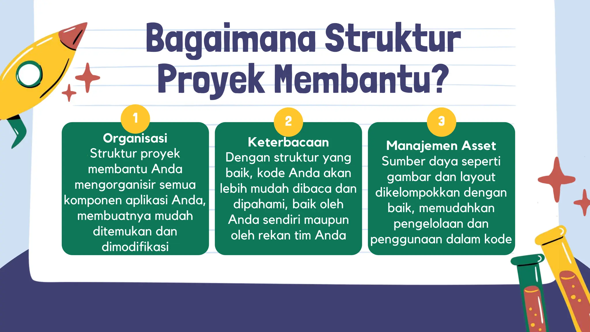 1 2 3
Keterbacaan
Dengan struktur yang
baik, kode Anda akan
lebih mudah dibaca dan
dipahami, baik oleh
Anda sendiri maupun
oleh rekan tim Anda
Organisasi
Struktur proyek
membantu Anda
mengorganisir semua
komponen aplikasi Anda,
membuatnya mudah
ditemukan dan
dimodifikasi
Manajemen Asset
Sumber daya seperti
gambar dan layout
dikelompokkan dengan
baik, memudahkan
pengelolaan dan
penggunaan dalam kode
Bagaimana Struktur
Proyek Membantu?
 
