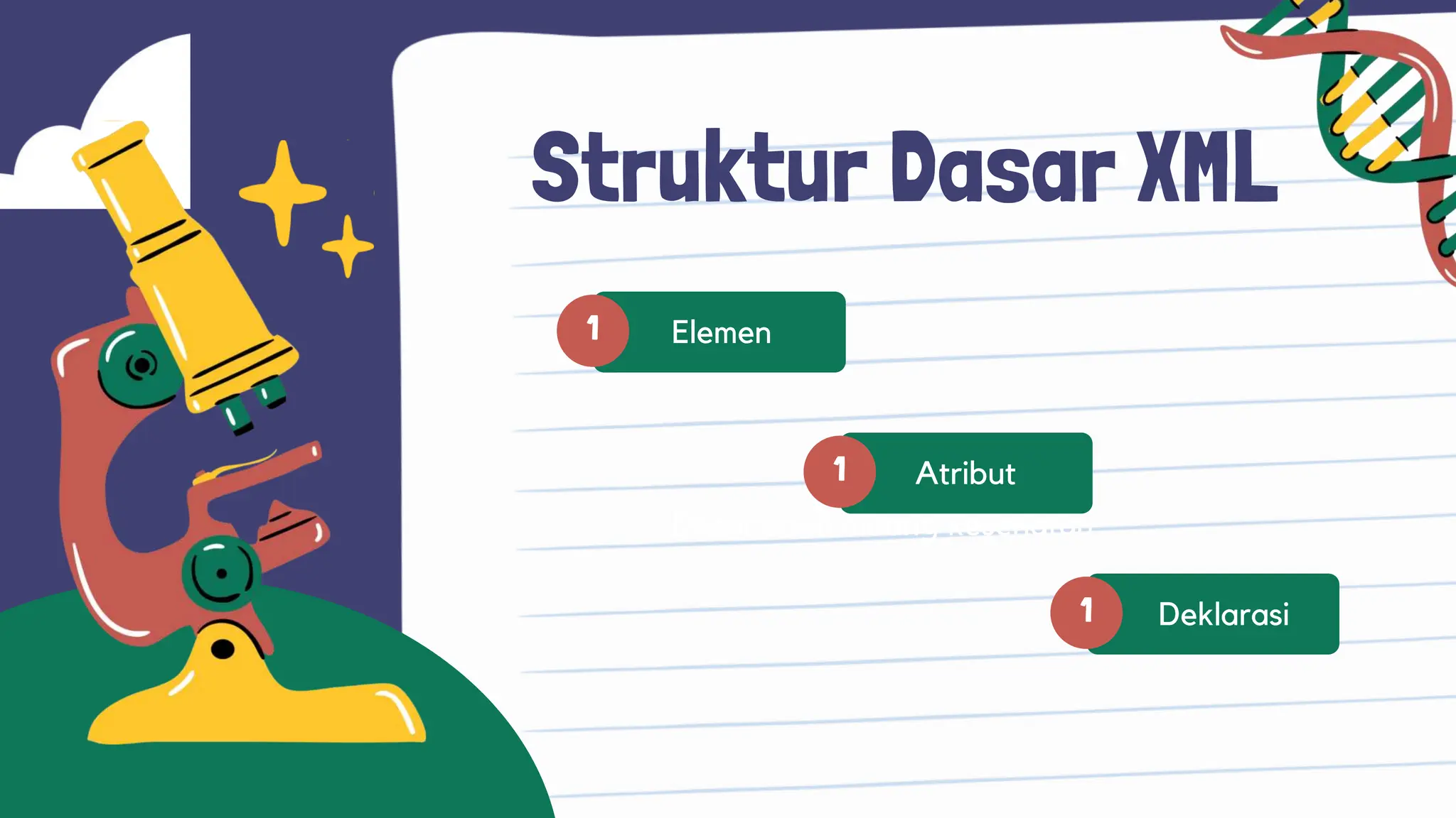 Struktur Dasar XML
1 Elemen
Dasar studi bidang kesehatan
1
1
Atribut
Deklarasi
 