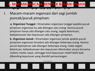 4. MACAM-MACAM BENTUK BADAN USAHA
I. Macam-macam organsasi dari segi jumlah
puncak/pucuk pimpinan:
a. Organisasi Tunggal : Dinamakan organisasi tunggal apabila pucuk
pimpinan organisasi itu ada ditangan satu orang. Karena pucuk
pimpinan hanya ada ditangan satu orang, segala ketentuan,
kebijaksanaan dan keputusan ada ditangan pimpinan,
b. Organisasi Jamak : Dinamakan organisasi jamak apabila pucuk
pimpinan organisasi tersebut ada ditangan beberapa orang. Karena
pucuk kepimpinan ada ditangan beberapa orang, maka segala
ketentuan, kebijaksanaan dan keputusan ditentukan secara bersama
malalui media rapat, sehingga hasil keputusan relatif lebih baik
dibanding keputusan yang diambil perseorangan.

 