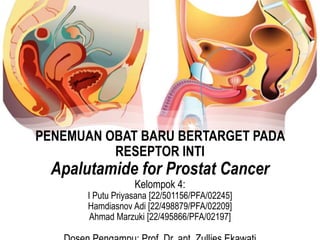 PENEMUAN OBAT BARU BERTARGET PADA
RESEPTOR INTI
Apalutamide for Prostat Cancer
Kelompok 4:
I Putu Priyasana [22/501156/PFA/02245]
Hamdiasnov Adi [22/498879/PFA/02209]
Ahmad Marzuki [22/495866/PFA/02197]
 
