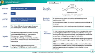 Kelompok 1 : Darno Setiawan | Pahrul Daulay | Vahrunnisa Purba
Analisa Laporan Keuangan Lanjutan
Universitas SumateraUtara
Pascasarjana - Akuntansi
H1: Implementasi green accounting dapat meningkatkan
implementasi CSMS
H2: Implementasi green accounting dapat meningkatkan kinerja
keuangan
H3:Implementasi CSMS dapat meningkatkan kinerja keuangan
Hipotesis
Penelitian
Penulis I Dewa MadeEndiana, dkk
Jurnal Journal of Asian Finance, Economics
and Businessvol 7 731-738
Tahun 2020
Sampel
Article Review 2
The Effect of Green Accounting on Corporate
Sutainability and Financial Performance
Judul
Tujuan
Untuk menguji bagaimana green accounting
melalui aplikasi Corporate Sustainability
Management System (CSMS) dan
meningkatkan kinerja keuangan pada sector
manufaktur di Indonesia dan mengembangkan
negaranya
38 perusahaan manufaktur yang telah
mengikuti PROPER dan terindeks pada IDX
Kerangka
Konseptual
H1 diterima, kemampuan perusahaan dalam menggunakan green
accounting di dalam bisnisnya dapat mengendalikan biaya yang
berhubungan dengan lingkungan dan mebawa pengaruh kepada
perusahaan untuk perkemabangan berkelanjutan
H2 diterima, meningkatkan implementasi green accounting dapat
memaksimalkan potensi pendapatan dan meningkatkan efisiensi
biaya
H3 diterima, CSMS dapat membangun dan memperbaiki kondisi
yang menggaransikan sebuah bisnis dapat meningkatkan dalam
waktu yang panjang sehingga dapat meningkatkan kinerja
keuangan
Hasil
Penelitian
12
 