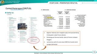 14
Kelompok 4 : Darno Setiawan | Pahrul Daulay | Vahrunnisa Purba
Seminar Akuntansi Keuangan
Universitas SumateraUtara
Pascasarjana - Akuntansi STUDY CASE - PENERAPAN CSR & TJSL
Contoh Penerapan CSR/TJSL
1. Kegiatan reklamasi dan revegetasi pada areal pascatambang
di Kabupaten Lebak Provinsi Banten
2. Pembangunan terminal bandar udara di Provinsi Sulawesi
Tenggara
3. penanaman pohol di areal seluas 5000 ha di saerah aliran
suangan kalimantan
 