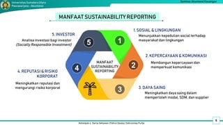 Kelompok 4 : Darno Setiawan | Pahrul Daulay | Vahrunnisa Purba
Seminar Akuntansi Keuangan
Universitas SumateraUtara
Pascasarjana - Akuntansi
MANFAAT SUSTAINABILITY REPORTING
3
4 2
5 1
MANFAAT
SUSTAINABILITY
REPORTING
Menunjukkan kepedulian social terhadap
masyarakat dan lingkungan
1. SOSIAL & LINGKUNGAN
2. KEPERCAYAAN & KOMUNIKASI
Membangun kepercayaan dan
memperkuat komunikasi
3. DAYA SAING
Meningkatkan daya saing dalam
memperloleh modal, SDM, dan supplier
Meningkatkan reputasi dan
mengurangi risiko korporat
4. REPUTASI & RISIKO
KORPORAT
5. INVESTOR
Analisa investasi bagi investor
(Socially Responsible Investment)
6
 