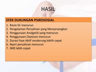 HASIL
EFEK DUKUNGAN PSIKOSOSIAL
1. Rasio SC menurun
2. Pengalaman Persalinan yang Menyenangkan
3. Penggunaan Analgetik yang menurun
4. Penggunaan Oxytosin menurun
5. Durasi Fase Aktif cenderung lebiih cepat
6. Nyeri persalinan menurun
7. IMD lebih cepat
 