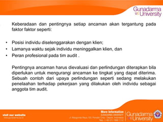 Keberadaan dan pentingnya setiap ancaman akan tergantung pada
faktor faktor seperti:

• Posisi individu diselenggarakan dengan klien;
• Lamanya waktu sejak individu meninggalkan klien, dan
• Peran profesional pada tim audit .
Pentingnya ancaman harus dievaluasi dan perlindungan diterapkan bila
diperlukan untuk mengurangi ancaman ke tingkat yang dapat diterima.
Sebuah contoh dari upaya perlindungan seperti sedang melakukan
penelaahan terhadap pekerjaan yang dilakukan oleh individu sebagai
anggota tim audit.

 