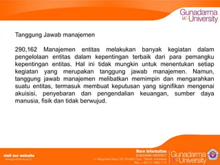 Tanggung Jawab manajemen

290,162 Manajemen entitas melakukan banyak kegiatan dalam
pengelolaan entitas dalam kepentingan terbaik dari para pemangku
kepentingan entitas. Hal ini tidak mungkin untuk menentukan setiap
kegiatan yang merupakan tanggung jawab manajemen. Namun,
tanggung jawab manajemen melibatkan memimpin dan mengarahkan
suatu entitas, termasuk membuat keputusan yang signifikan mengenai
akuisisi, penyebaran dan pengendalian keuangan, sumber daya
manusia, fisik dan tidak berwujud.

 