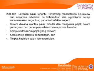 290,182 Layanan pajak tertentu Performing menciptakan diri-review
dan ancaman advokasi. Itu keberadaan dan signifikansi setiap
ancaman akan tergantung pada faktor-faktor seperti:
• Sistem dimana otoritas pajak menilai dan mengelola pajak dalam
pertanyaan dan peran perusahaan dalam proses tersebut;
• Kompleksitas rezim pajak yang relevan;
• Karakteristik tertentu pertunangan, dan
• Tingkat keahlian pajak karyawan klien.

 