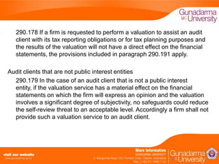 290.178 If a firm is requested to perform a valuation to assist an audit
client with its tax reporting obligations or for tax planning purposes and
the results of the valuation will not have a direct effect on the financial
statements, the provisions included in paragraph 290.191 apply.
Audit clients that are not public interest entities
290.179 In the case of an audit client that is not a public interest
entity, if the valuation service has a material effect on the financial
statements on which the firm will express an opinion and the valuation
involves a significant degree of subjectivity, no safeguards could reduce
the self-review threat to an acceptable level. Accordingly a firm shall not
provide such a valuation service to an audit client.

 