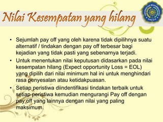 • Sejumlah pay off yang oleh karena tidak dipilihnya suatu
alternatif / tindakan dengan pay off terbesar bagi
kejadian yang tidak pasti yang sebenarnya terjadi.
• Untuk menentukan nilai keputusan didasarkan pada nilai
kesempatan hilang (Expect opportunity Loss = EOL)
yang dipilih dari nilai minimum hal ini untuk menghindari
rasa penyesalan atau ketidakpuasan.
• Setiap peristiwa diindentifikasi tindakan terbaik untuk
setiap peristiwa kemudian mengurangi Pay off dengan
pay off yang lainnya dengan nilai yang paling
maksimum.
 