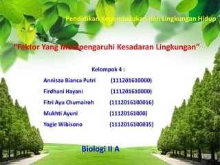 Pendidikan Kependudukan dan Lingkungan Hidup
“Faktor Yang Mempengaruhi Kesadaran Lingkungan”
Kelompok 4 :
Annisaa Bianca Putri (111201610000)
Firdhani Hayani (111201610000)
Fitri Ayu Chumairoh (1112016100016)
Mukhti Ayuni (11120161000)
Yogie Wibisono (1112016100035)
Biologi II A
 