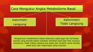 Cara Mengukur Angka Metabolisme Basal
Kalorimetri
Langsung
Kalorimetri
Tidak Langsung
Pengukuran metabolisme basal dilakukan pada pagi hari terhadap
subyek yang berada dalam keadaan istirahat total baik fisik maupun
emosional, tidak makan selama dua belas jam terakhir serta berada
pada suhu dan lingkungan yang nyaman.
 