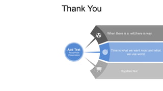 Thank You
When there is a will,there is way
By.Miss Nur
Time is what we want most and what
we use worst
Add Text
PowerPoint
Presentation
 