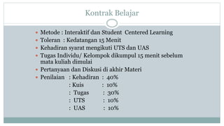 Kontrak Belajar
 Metode : Interaktif dan Student Centered Learning
 Toleran : Kedatangan 15 Menit
 Kehadiran syarat mengikuti UTS dan UAS
 Tugas Individu/ Kelompok dikumpul 15 menit sebelum
mata kuliah dimulai
 Pertanyaan dan Diskusi di akhir Materi
 Penilaian : Kehadiran : 40%
: Kuis : 10%
: Tugas : 30%
: UTS : 10%
: UAS : 10%
 
