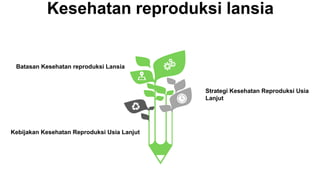 Kesehatan reproduksi lansia
Batasan Kesehatan reproduksi Lansia
Kebijakan Kesehatan Reproduksi Usia Lanjut
Strategi Kesehatan Reproduksi Usia
Lanjut
 