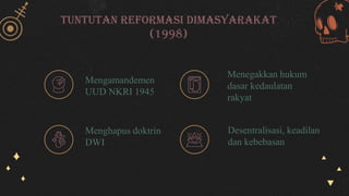 Tuntutan reformasi dimasyarakat
(1998)
Mengamandemen
UUD NKRI 1945
Menegakkan hukum
dasar kedaulatan
rakyat
Menghapus doktrin
DWI
Desentralisasi, keadilan
dan kebebasan
 