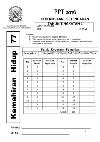 1
PPT 2016
PEPERIKSAAN PERTENGAHAN
TAHUN TINGKATAN 1SMK CONVENT BUTTERWORTH
JALAN NEW FERRY, 12100 BUTTERWORTH
UJIANBERTULIS
MEI 2 JAM
ARAHAN :
1. Buka kertas soalan ini apabila diberitahu.
2. Tulis nama dan kelas anda pada ruang yang disediakan.
3. Jawapan anda hendaklah ditulis pada ruang jawapan yang disediakan
dalam kertas soalan ini.
Untuk Kegunaan Pemeriksa
Pemeriksa Thilagavathy/Nurhaniza Md Noor/Mashitah Musa
No
Markah
Penuh
Markah
Diperoleh
No.
Markah
Penuh
Markah
Diperoleh
1 3 13 3
2 3 14 3
3 3 15 3
4 3 16 3
5 3 17 3
6 3 18 3
7 3 19 3
8 3 20 3
9 3 21 10
10 3 22 10
11 3 23 10
12 3 24 10
Jumlah 100
NAMA : ___________________________________________________
KELAS : ____________________________________
77KemahiranHidup
 