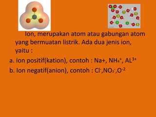 Ion, merupakan atom atau gabungan atom
yang bermuatan listrik. Ada dua jenis ion,
yaitu :
a. Ion positif(kation), contoh : Na+, NH4
+, AL3+
b. Ion negatif(anion), contoh : Cl-,NO3
-,O-2
 