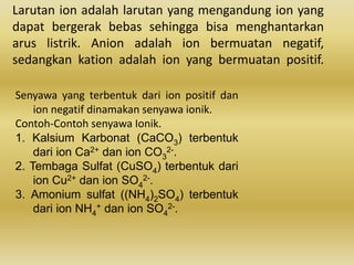 Larutan ion adalah larutan yang mengandung ion yang
dapat bergerak bebas sehingga bisa menghantarkan
arus listrik. Anion adalah ion bermuatan negatif,
sedangkan kation adalah ion yang bermuatan positif.
Senyawa yang terbentuk dari ion positif dan
ion negatif dinamakan senyawa ionik.
Contoh-Contoh senyawa Ionik.
1. Kalsium Karbonat (CaCO3) terbentuk
dari ion Ca2+ dan ion CO3
2-.
2. Tembaga Sulfat (CuSO4) terbentuk dari
ion Cu2+ dan ion SO4
2-.
3. Amonium sulfat ((NH4)2SO4) terbentuk
dari ion NH4
+ dan ion SO4
2-.
 