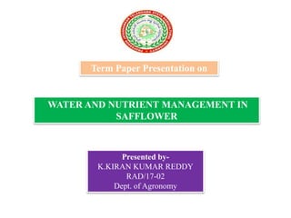 WATER AND NUTRIENT MANAGEMENT IN
SAFFLOWER
Presented by-
K.KIRAN KUMAR REDDY
RAD/17-02
Dept. of Agronomy
Term Paper Presentation on
 