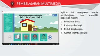 PEMBELAJARAN MULTIMEDIA
Aplikasi ini merupakan media
pembelajaran dan memiliki
beberapa materi:
1. Mencintai Buku
2. Indahnya Berbagi
3. Peduli Lingkungan
4. Gemar Membaca Buku
 