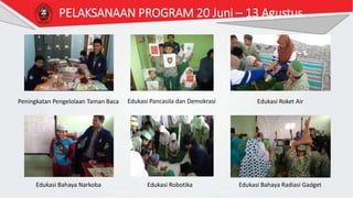 PELAKSANAAN PROGRAM 20 Juni – 13 Agustus
Peningkatan Pengelolaan Taman Baca Edukasi Pancasila dan Demokrasi Edukasi Roket Air
Edukasi Bahaya Narkoba Edukasi Robotika Edukasi Bahaya Radiasi Gadget
 