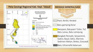 Pasir, Kerikil, Kerakal
Batu gamping Koral
Batupasir, Batupasir Tufan, Tuf,
Batu Lanau, Batu Lempung
Bongkah Periodit, Serpentinit,
Gabro, Basal, Sekis, Marmer,
Sedimen Metan, Breksi, Grauwak
Batu Ultramafik Kabaruan
Peta Geologi Regional Kab. Kepl. Talaud
Sumber Sukamto & Suwarna, 1986
INDIKASI MINERALISASI
 