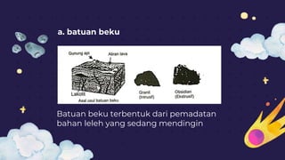 a. batuan beku
Batuan beku terbentuk dari pemadatan
bahan leleh yang sedang mendingin
 