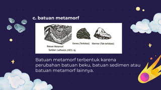 c. batuan metamorf
Batuan metamorf terbentuk karena
perubahan batuan beku, batuan sedimen atau
batuan metamorf lainnya.
 