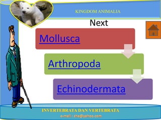 KINGDOM ANIMALIA

            Next
Mollusca

 Arthropoda

   Echinodermata
 