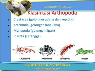 KINGDOM ANIMALIA

         Klasifikasi Arthopoda
Crustacea (golongan udang dan kepiting)
Arachnida (golongan laba-laba)
Myriapoda (golongan lipan)
Insecta (serangga)
 