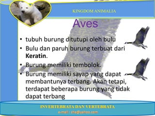 KINGDOM ANIMALIA


                 Aves
• tubuh burung ditutupi oleh bulu
• Bulu dan paruh burung terbuat dari
  Keratin.
• Burung memiliki tembolok.
• Burung memiliki sayap yang dapat
  membantunya terbang. Akan tetapi,
  terdapat beberapa burung yang tidak
  dapat terbang
 