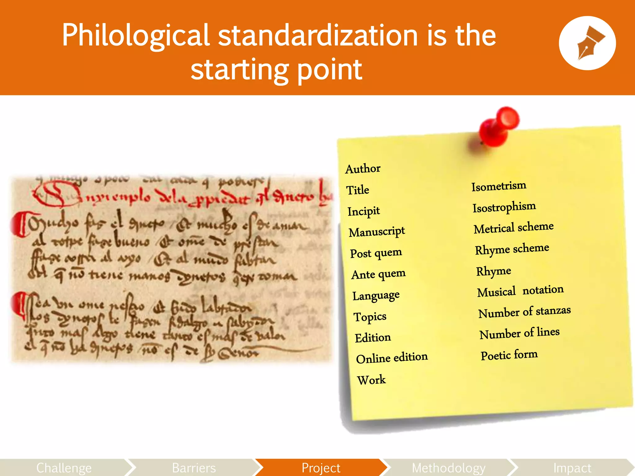 Philological standardization is the
starting point
Challenge Barriers Project Methodology Impact
 