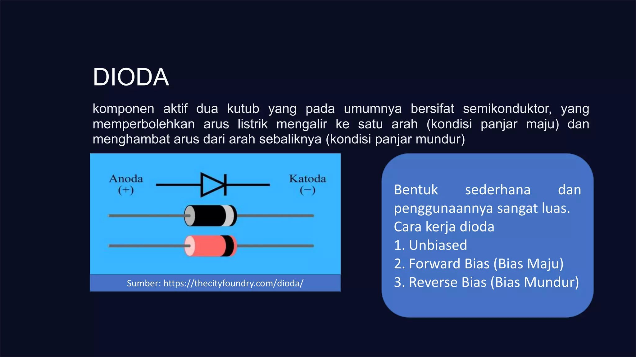 DIODA
komponen aktif dua kutub yang pada umumnya bersifat semikonduktor, yang
memperbolehkan arus listrik mengalir ke satu arah (kondisi panjar maju) dan
menghambat arus dari arah sebaliknya (kondisi panjar mundur)
Sumber: https://thecityfoundry.com/dioda/
Bentuk sederhana dan
penggunaannya sangat luas.
Cara kerja dioda
1. Unbiased
2. Forward Bias (Bias Maju)
3. Reverse Bias (Bias Mundur)
 