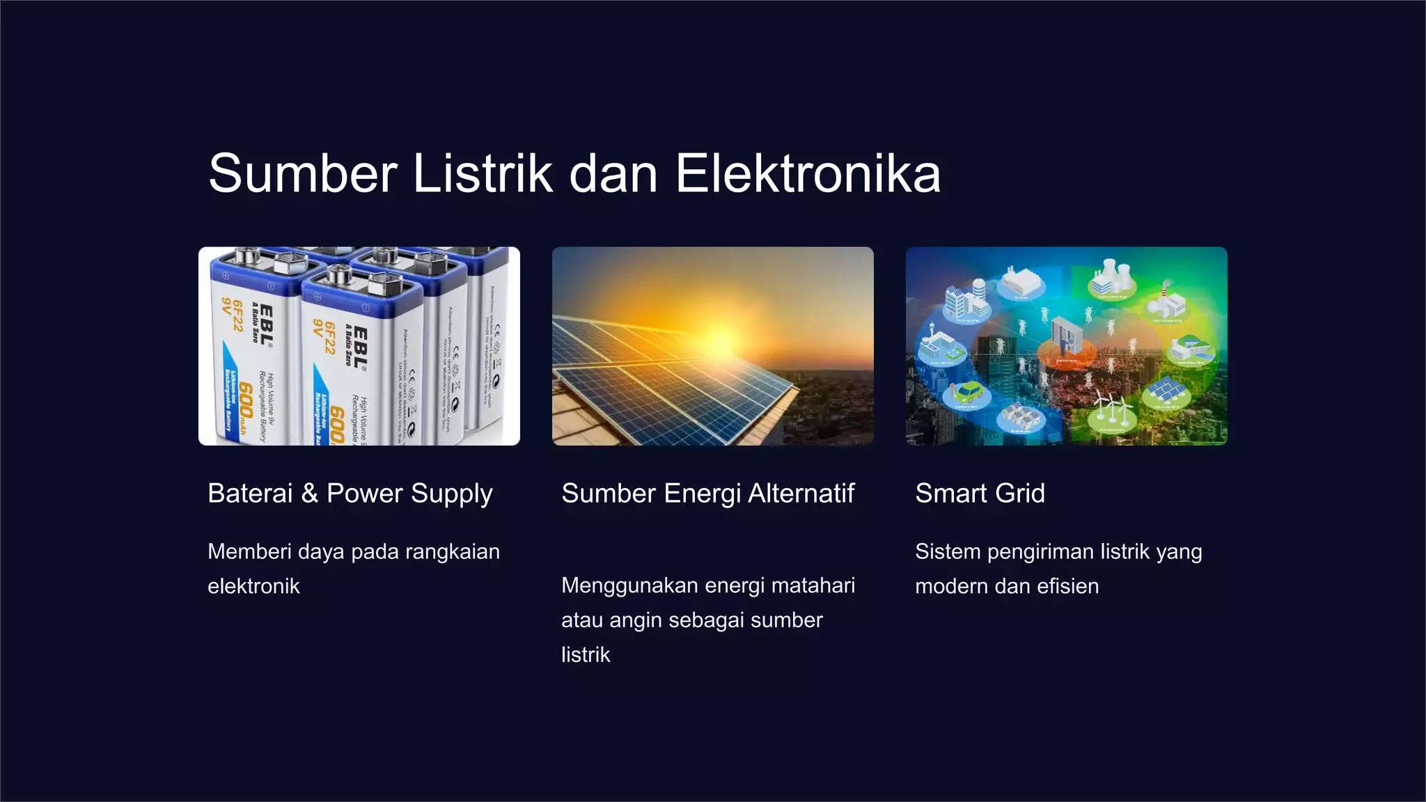 Sumber Listrik dan Elektronika
Baterai & Power Supply
Memberi daya pada rangkaian
elektronik
Sumber Energi Alternatif
Menggunakan energi matahari
atau angin sebagai sumber
listrik
Smart Grid
Sistem pengiriman listrik yang
modern dan efisien
 