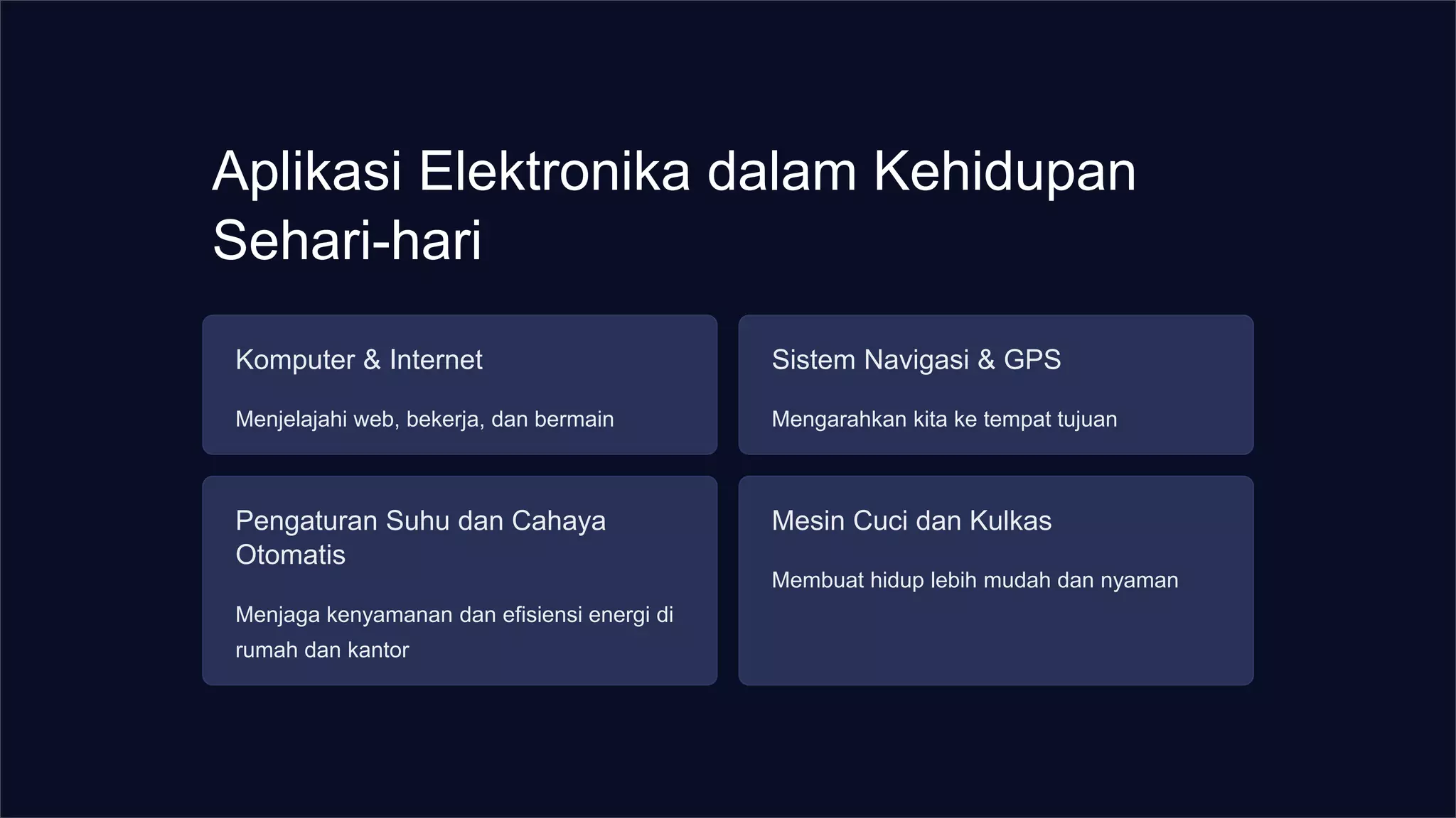 Aplikasi Elektronika dalam Kehidupan
Sehari-hari
Komputer & Internet
Menjelajahi web, bekerja, dan bermain
Sistem Navigasi & GPS
Mengarahkan kita ke tempat tujuan
Pengaturan Suhu dan Cahaya
Otomatis
Menjaga kenyamanan dan efisiensi energi di
rumah dan kantor
Mesin Cuci dan Kulkas
Membuat hidup lebih mudah dan nyaman
 