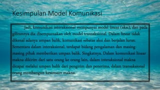Kesimpulan Model Komunikasi
Jadi, komunikasi interaksional mempunyai model linear (aksi), dan pada
gilirannya dia disempurnakan oleh model transaksional. Dalam linear tidak
dikenal adanya umpan balik, komunikasi sebatas aksi dan berjalan lurus.
Sementara dalam interaksional, terdapat bidang pengalaman dan masing-
masing pihak memberikan umpan balik. Singkatnya. Dalam komunikasi linear
makna dikirim dari satu orang ke orang lain, dalam interaksional makna
dicapai melalui umpan balik dari pengirim dan penerima, dalam transaksional
orang membangun kesamaan makna.
 
