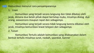 Komunikasi menurut cara penyampaiannya
1. Lisan
Komunikasi yang terjadi secara langsung dan tidak dibatasi oleh
jarak, dimana dua belah pihak dapat bertatap muka, misalnya dialog dua
orang, wawancara maupun rapat dan sebagainya.
Komunikasi yang terjadi secara tidak langsung karena dibatasi oleh
jarak, misalnya komunikasi lewat telepon dan sebagainya.
2. Tuisan
Komunikasi Tertulis adalah komunikasi yang dilaksanakan dalam
bentuk tertulis misalnya surat, naskah, spanduk, banner
 