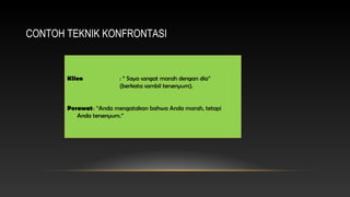 CONTOH TEKNIK KONFRONTASI

Klien

: “ Saya sangat marah dengan dia”
(berkata sambil tersenyum).

Perawat : “Anda mengatakan bahwa Anda marah, tetapi
Anda tersenyum.”

 
