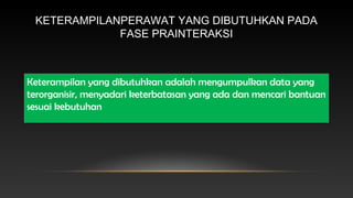KETERAMPILANPERAWAT YANG DIBUTUHKAN PADA
FASE PRAINTERAKSI

Keterampilan yang dibutuhkan adalah mengumpulkan data yang
terorganisir, menyadari keterbatasan yang ada dan mencari bantuan
sesuai kebutuhan

 